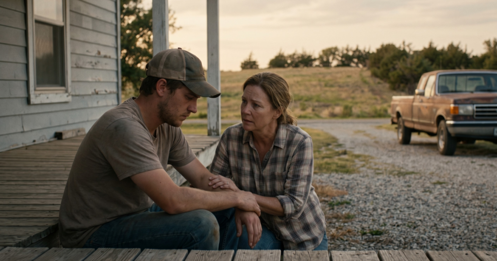 A middle-aged woman with a compassionate, concerned expression is crouched, gently placing a hand on the forearm of a young adult man, who sits with his head bowed and a thoughtful, heavy expression.