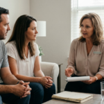 A medium photo of a female therapist wearing a light-pink tunic and “Will Crosswell, LCSW” name tag, seated in a beige armchair with a notepad, speaking to a focused family of three on a beige sofa in a bright living room with a wooden coffee table, window blinds, and soft neutral decor.