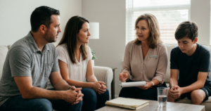 A medium photo of a female therapist wearing a light-pink tunic and “Will Crosswell, LCSW” name tag, seated in a beige armchair with a notepad, speaking to a focused family of three on a beige sofa in a bright living room with a wooden coffee table, window blinds, and soft neutral decor.