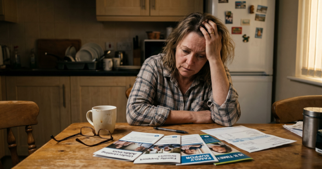 A middle-aged woman sits alone and stressed at a kitchen table surrounded by pamphlets about addiction and family support.
