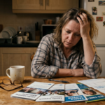 A middle-aged woman sits alone and stressed at a kitchen table surrounded by pamphlets about addiction and family support.