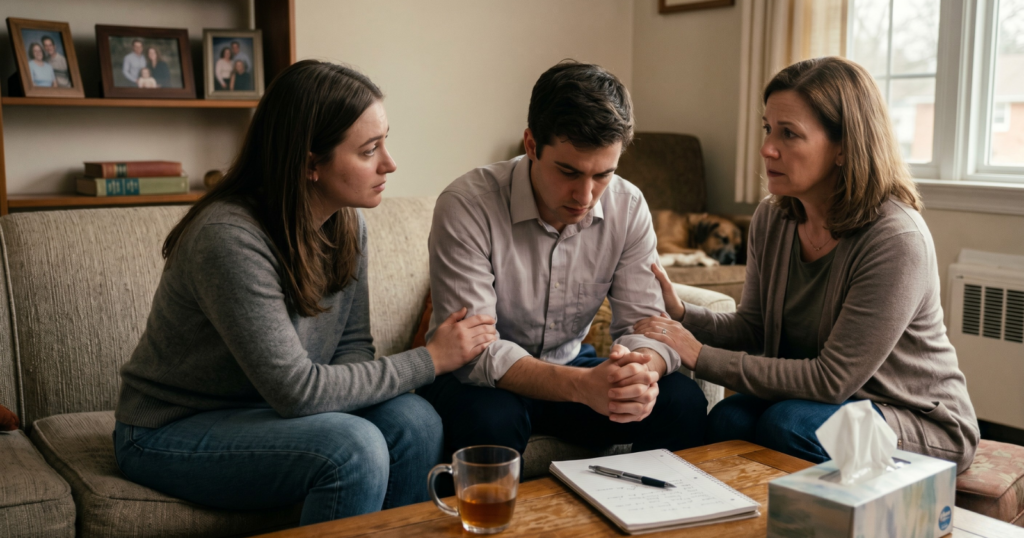 A candid, documentary-style photo shows two supportive women flanking a distressed young man, his head bowed, in a suburban living room.