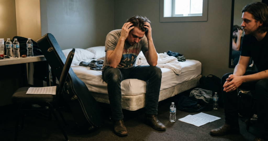 One man sits on the edge of an unmade bed, holding his head in his hands, displaying clear distress and exhaustion.