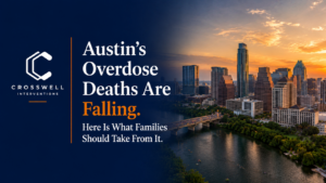 Crosswell Interventions featured image showing the Austin, Texas skyline at sunset for an article about declining Travis County overdose deaths and what families should know about fentanyl risk and intervention.