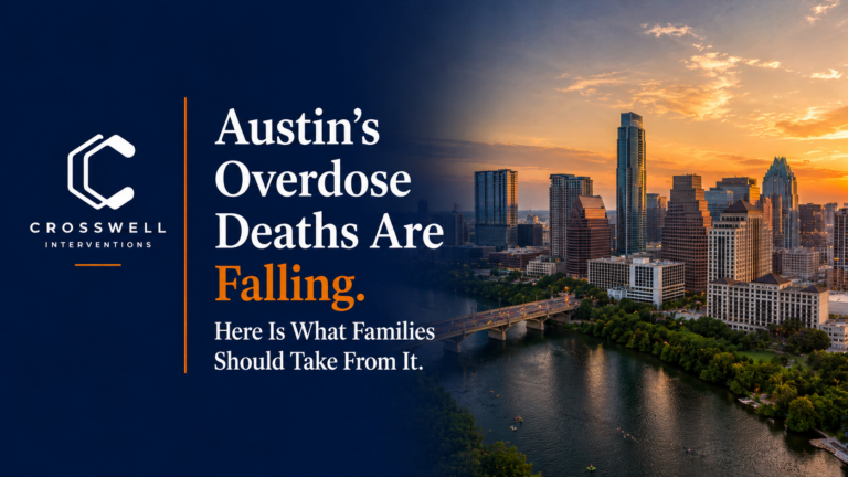 Crosswell Interventions featured image showing the Austin, Texas skyline at sunset for an article about declining Travis County overdose deaths and what families should know about fentanyl risk and intervention.