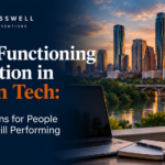 Crosswell Interventions branded featured image for “High-Functioning Addiction in Austin Tech,” showing the Austin skyline at sunset with a professional laptop workspace.