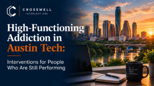 Crosswell Interventions branded featured image for “High-Functioning Addiction in Austin Tech,” showing the Austin skyline at sunset with a professional laptop workspace.