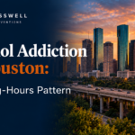 Crosswell Interventions branded featured image titled “Alcohol Addiction in Houston: The Long-Hours Pattern,” featuring a Houston skyline at sunset.