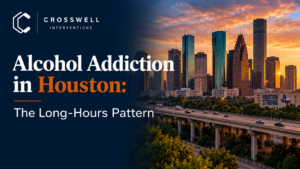 Crosswell Interventions branded featured image titled “Alcohol Addiction in Houston: The Long-Hours Pattern,” featuring a Houston skyline at sunset.