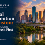 Crosswell Interventions branded landscape image featuring the Houston skyline at sunset, a bridge, water, and greenery, with the headline “Alcohol Intervention in Houston: The Questions Families Ask First.”