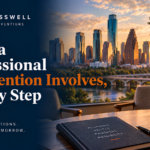 Crosswell Interventions branded landscape image featuring a professional consultation setting and Austin skyline with the title “What a Professional Intervention Involves, Step by Step.”