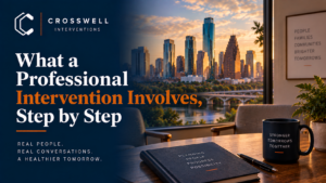 Crosswell Interventions branded landscape image featuring a professional consultation setting and Austin skyline with the title “What a Professional Intervention Involves, Step by Step.”