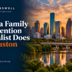 Crosswell Interventions branded landscape image featuring the Houston skyline at sunset, green parkland, a bridge, and water, with the headline “What a Family Intervention Specialist Does in Houston.