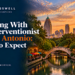 Crosswell Interventions branded landscape image featuring the San Antonio River Walk, stone bridge, downtown skyline, and Tower of the Americas at sunset, with the headline “Working With an Interventionist in San Antonio: What to Expect.
