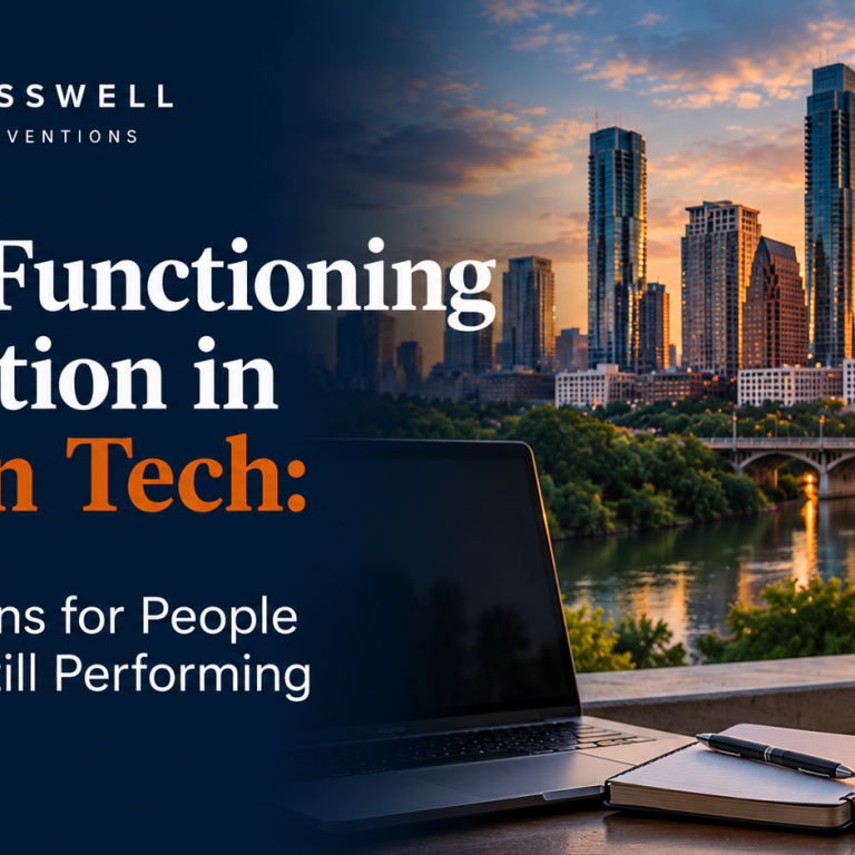 Crosswell Interventions branded featured image for “High-Functioning Addiction in Austin Tech,” showing the Austin skyline at sunset with a professional laptop workspace.