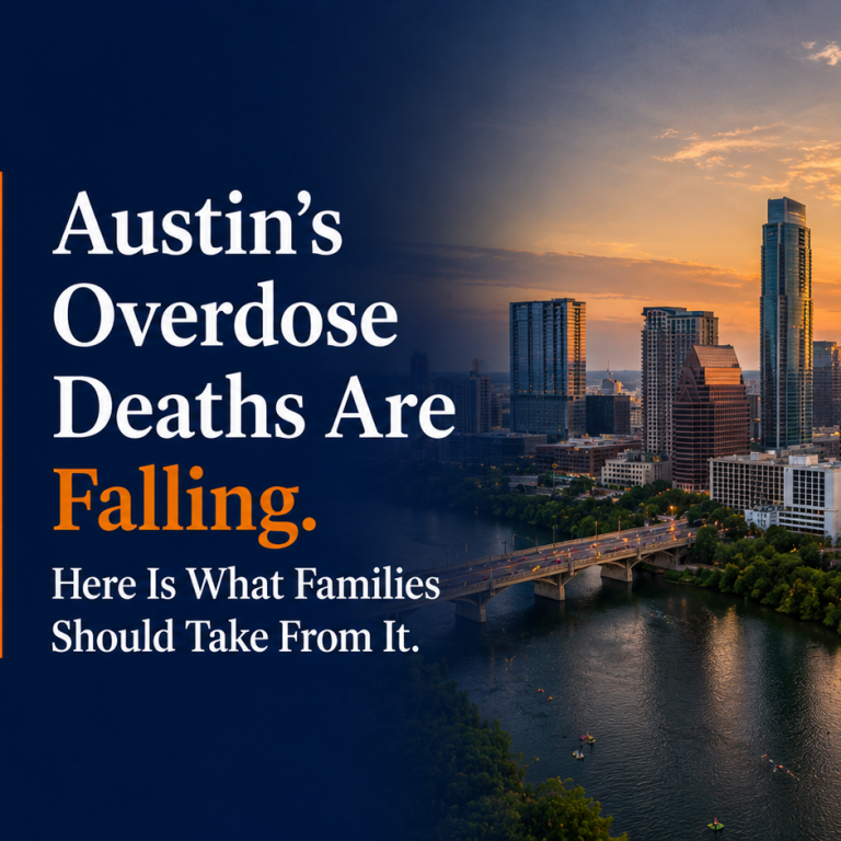 Crosswell Interventions featured image showing the Austin, Texas skyline at sunset for an article about declining Travis County overdose deaths and what families should know about fentanyl risk and intervention.