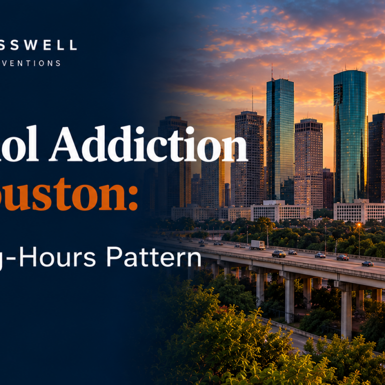 Crosswell Interventions branded featured image titled “Alcohol Addiction in Houston: The Long-Hours Pattern,” featuring a Houston skyline at sunset.