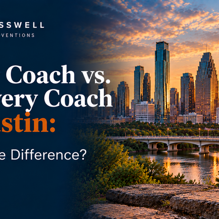 Crosswell Interventions branded landscape image comparing sober coach, recovery coach, and sober companion roles in Austin.