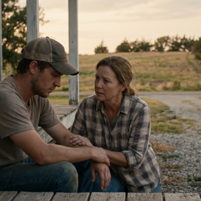 A middle-aged woman with a compassionate, concerned expression is crouched, gently placing a hand on the forearm of a young adult man, who sits with his head bowed and a thoughtful, heavy expression.