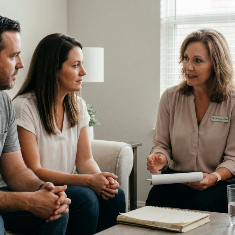 A medium photo of a female therapist wearing a light-pink tunic and “Will Crosswell, LCSW” name tag, seated in a beige armchair with a notepad, speaking to a focused family of three on a beige sofa in a bright living room with a wooden coffee table, window blinds, and soft neutral decor.