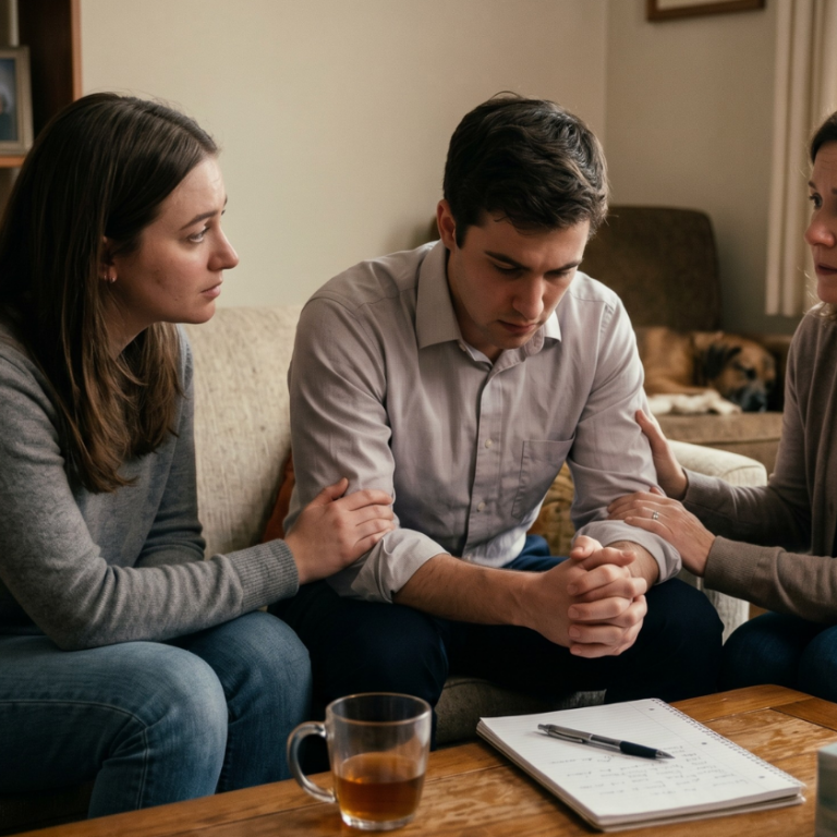 A candid, documentary-style photo shows two supportive women flanking a distressed young man, his head bowed, in a suburban living room.