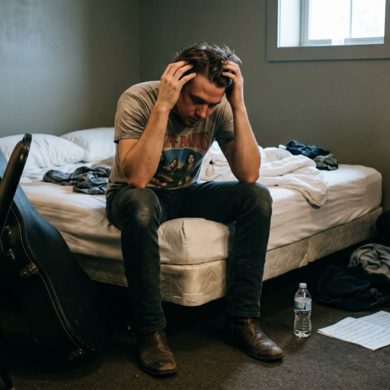 One man sits on the edge of an unmade bed, holding his head in his hands, displaying clear distress and exhaustion.