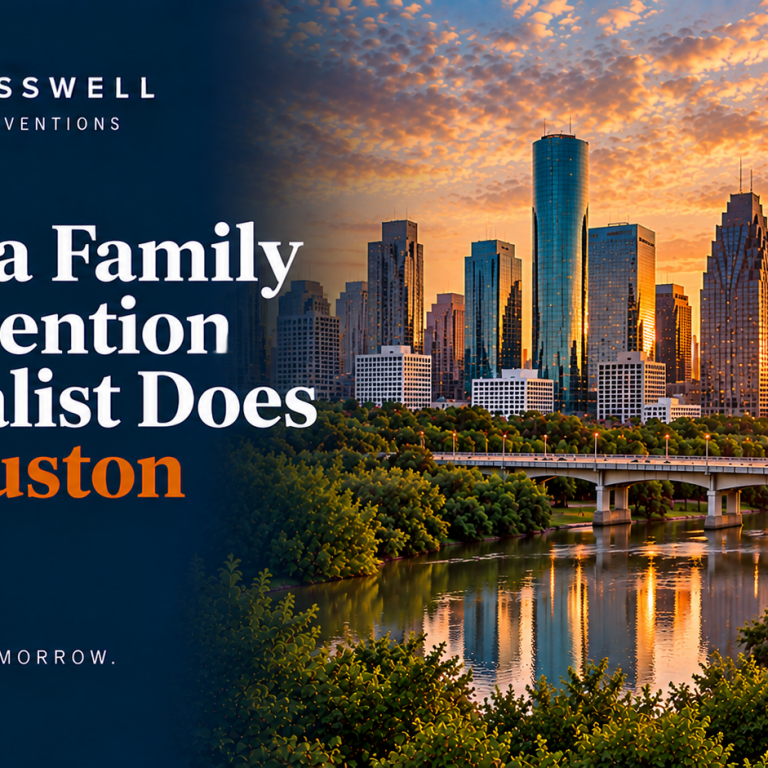 Crosswell Interventions branded landscape image featuring the Houston skyline at sunset, green parkland, a bridge, and water, with the headline “What a Family Intervention Specialist Does in Houston.