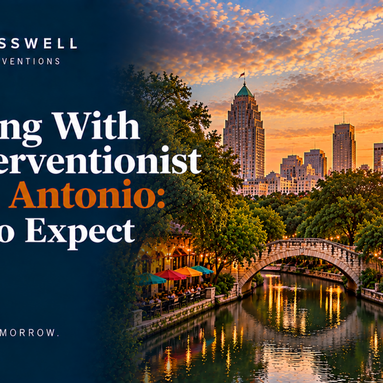 Crosswell Interventions branded landscape image featuring the San Antonio River Walk, stone bridge, downtown skyline, and Tower of the Americas at sunset, with the headline “Working With an Interventionist in San Antonio: What to Expect.